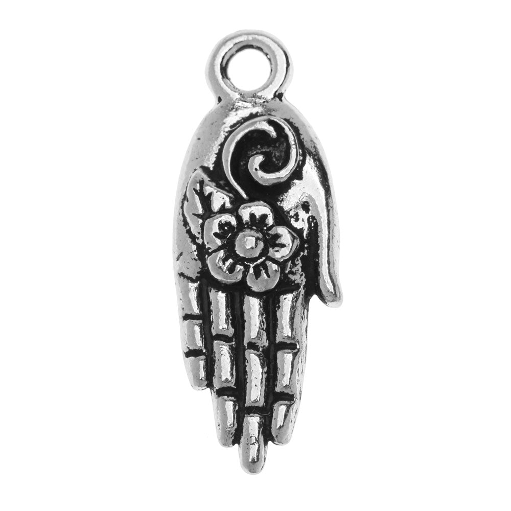 Metal Charm, Blossom Hand with Flower 27mm, Antiqued Silver Plated, By TierraCast (1 Piece)