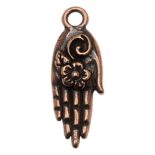 Metal Charm, Blossom Hand with Flower 27mm, Antiqued Copper Plated, By TierraCast (1 Piece)