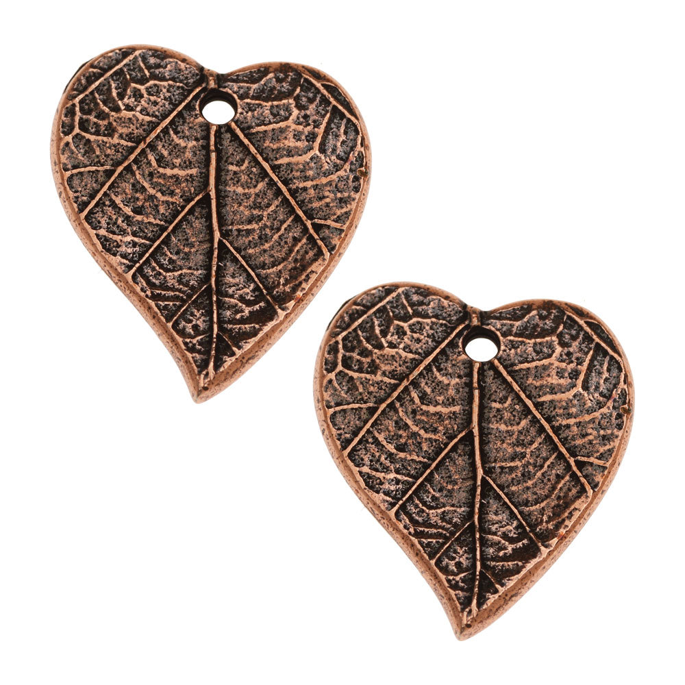 Metal Charm, Heart with Leaf Print 17.5mm, Antiqued Copper Plated, By TierraCast (2 Pieces)