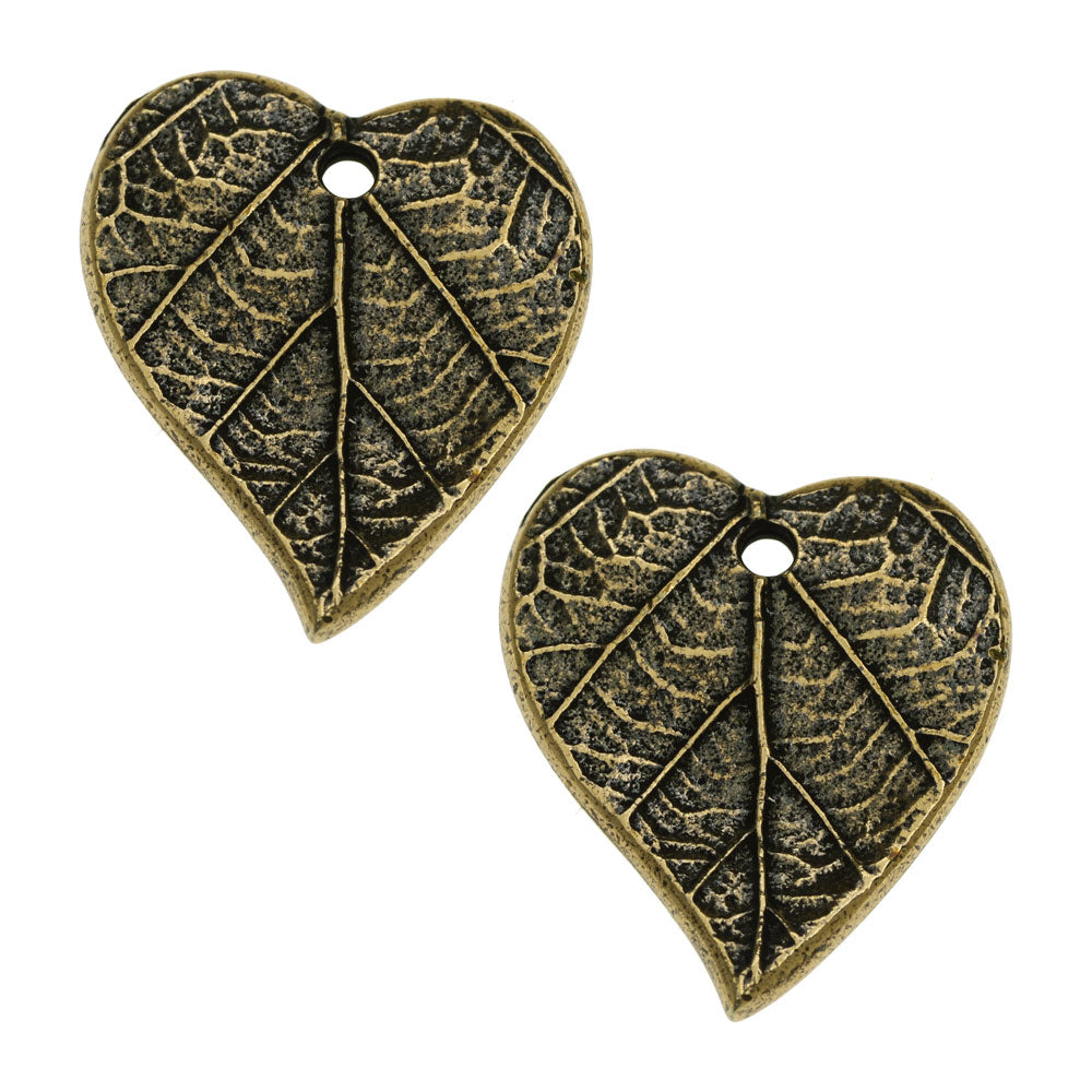 Metal Charm, Heart with Leaf Print 17.5mm, Brass Oxide Finish, By TierraCast (2 Pieces)