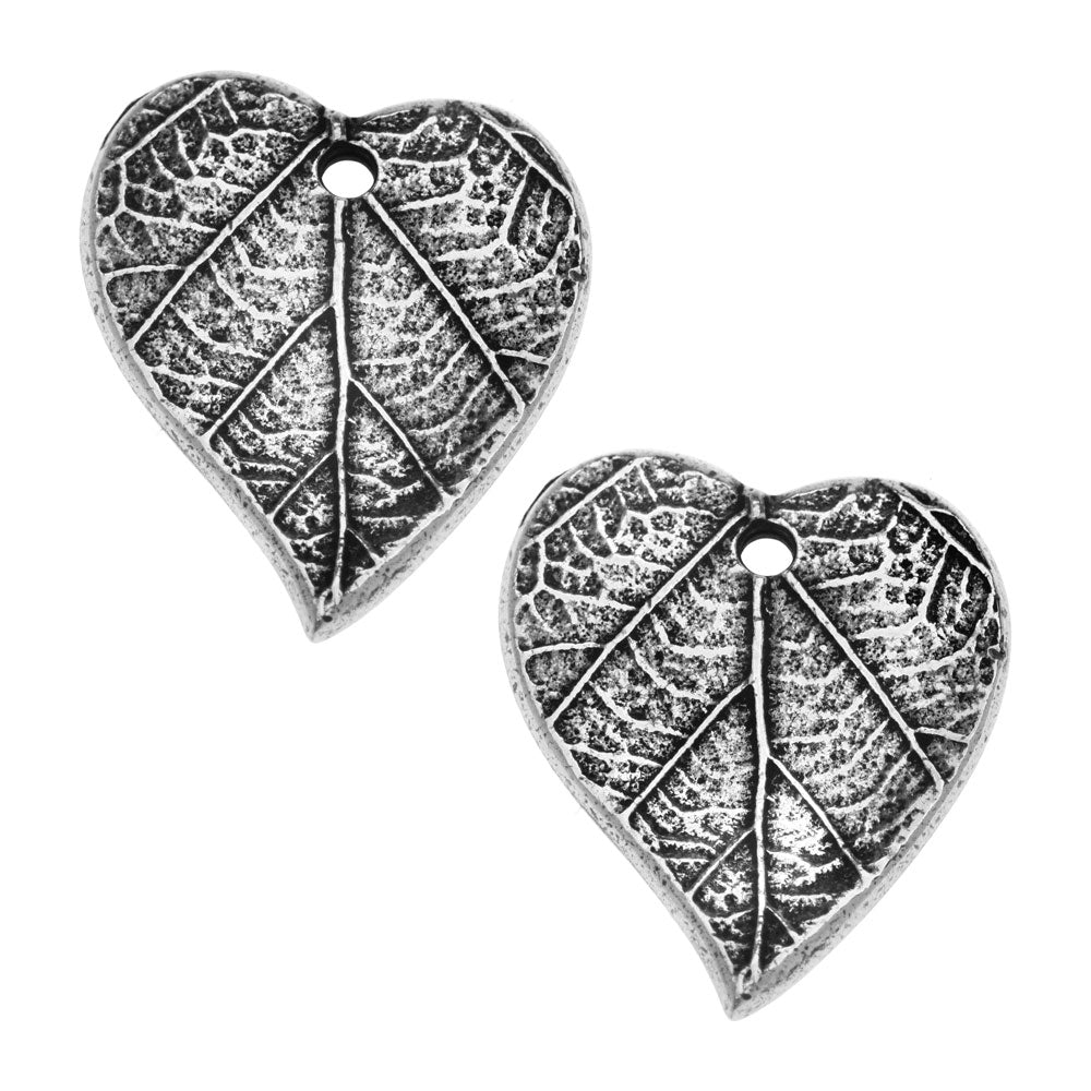 Metal Charm, Heart with Leaf Print 17.5mm, Antiqued Pewter, By TierraCast (2 Pieces)
