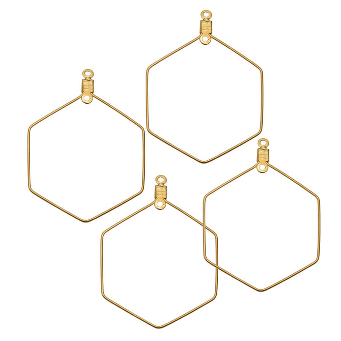 Beadable Open Wire Frame for Earrings or Pendants, Hexagon 40x30mm, Gold Tone (4 Pieces)