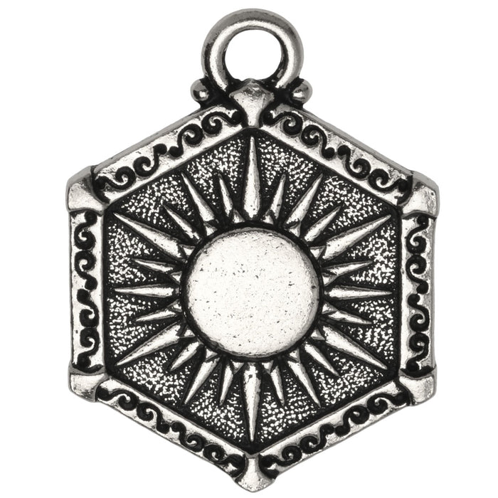 Metal Pendant, Hexagon with Sun and Moon 28.5x21.5mm, Antiqued Silver Plated, By TierraCast (1 Piece)