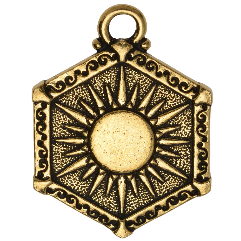 Metal Pendant, Hexagon with Sun and Moon 28.5x21.5mm, Antiqued Gold Plated, By TierraCast (1 Piece)
