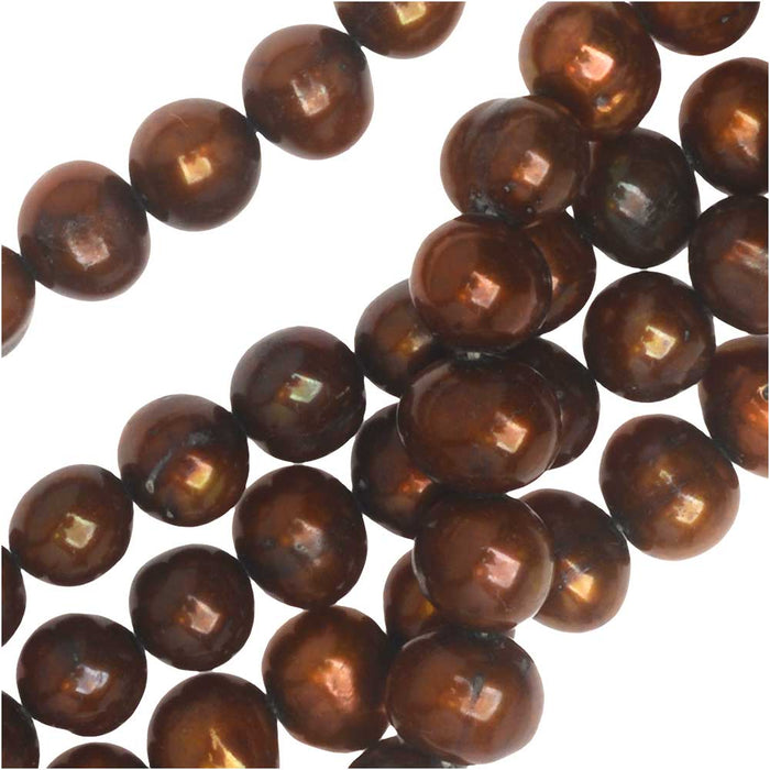 Cultured Pearl Beads, Round Potato 6.5-7.5mm, Iridescent Copper Brown (16 Inch Strand)