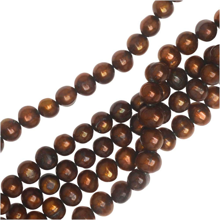 Cultured Pearl Beads, Round Potato 6.5-7.5mm, Iridescent Copper Brown (16 Inch Strand)