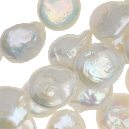 Cultured Pearl Beads, Coin 12-14mm, Iridescent White (15 Inch Strand)