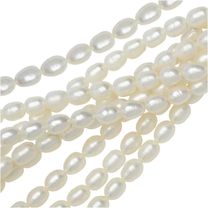 Cultured Pearl Beads, Oval Rice 6-8mm, Iridescent White (15.5 Inch Strand)