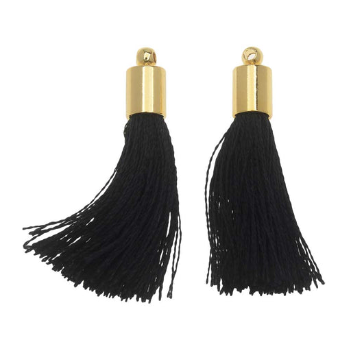 Silk Rayon Thread Pendant, Tassel with End Cap 30mm Gold and Black (2 Pieces)