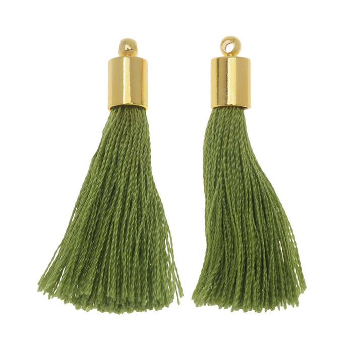 Silk Rayon Thread Pendant, Tassel with End Cap 30mm, Gold and Olive Green (2 Pieces)