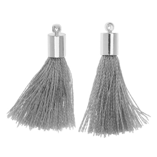 Silk Rayon Thread Pendant, Tassel with End Cap 30mm Silver and Grey (2 Pieces)
