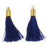 Silk Rayon Thread Pendant, Tassel with End Cap 30mm, Gold and Navy Blue (2 Pieces)