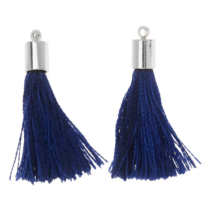 Silk Rayon Thread Pendant, Tassel with End Cap 30mm, Silver and Navy Blue (2 Pieces)