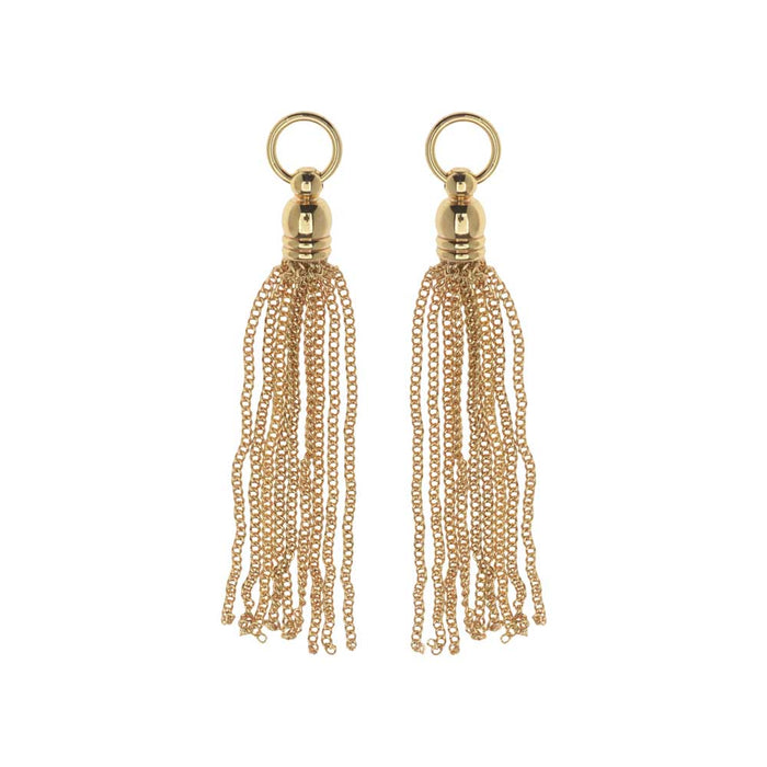 Chain Tassel Pendant, Curb Link Threads with Bell End Cap and Ring 64mm, 22K Gold Plated (2 Pieces)