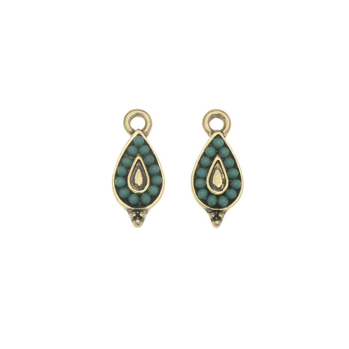 Zola Elements Charm, Beaded Teardrop 7x15mm, Antiqued Gold Toned/Turquoise (2 Pieces)