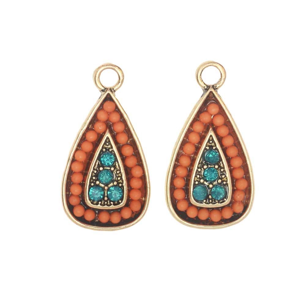 Zola Elements Charm, Beaded Teardrop 11x22mm, Antiqued Gold Toned/Orange/Turquoise (2 Pieces)