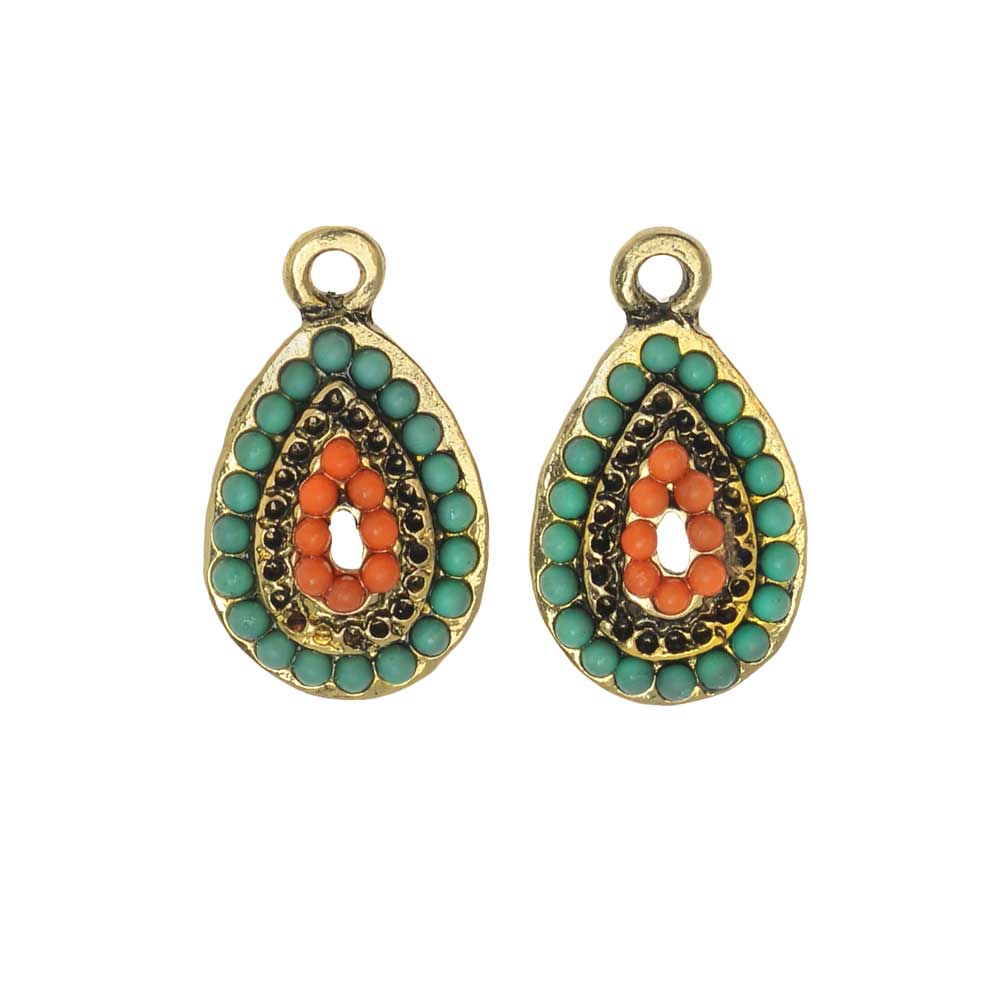 Zola Elements Charm, Beaded Beachy Domed Teardrop 11x19mm, Antiqued Gold Tone (2 Pieces)
