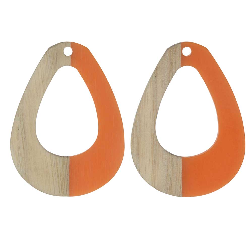 Zola Elements Wood & Resin Pendant, Open Teardrop 28x38mm, Tangerine Orange (2 Pieces)