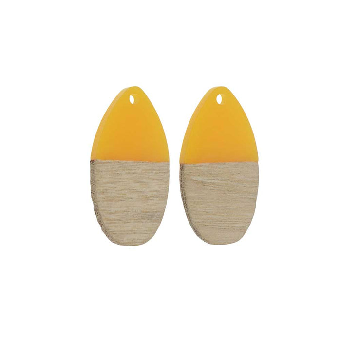 Zola Elements Wood & Resin Pendant, Teardrop 16x30.5mm, Saffron Yellow (2 Pieces)