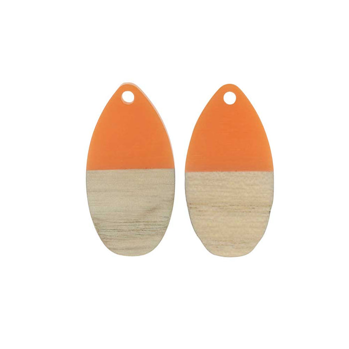 Zola Elements Wood & Resin Pendant, Teardrop 16x30.5mm, Tangerine Orange (2 Pieces)