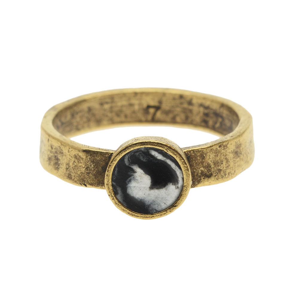 Retired - Black and White Marbled Gold Hammered Ring