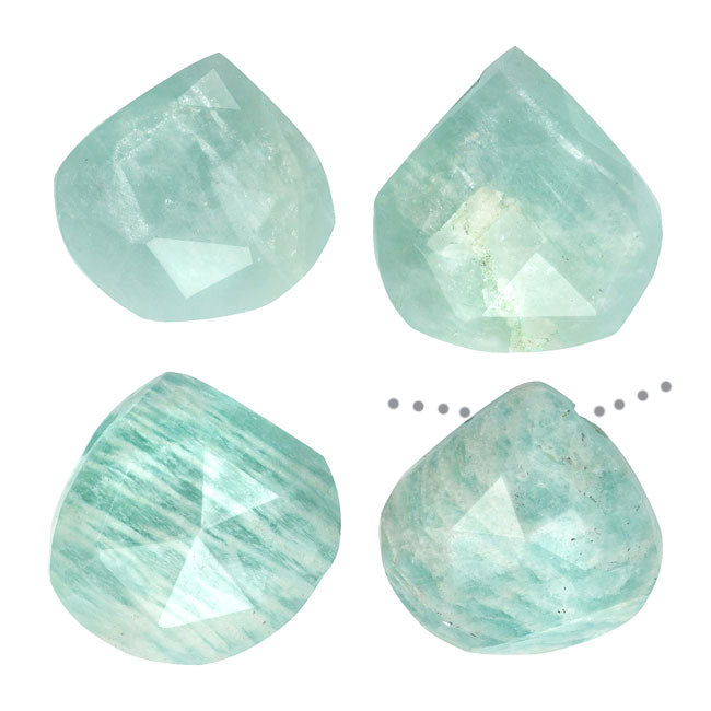 Gemstone Beads, Chatoyant Amazonite, Faceted Heart Briolette 10-18mm, Aqua Green (4 Pieces)