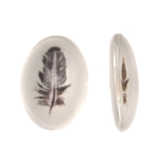 Tempered Glass Oval Cabochons Black Single Feather 13x18mm (4 pcs)