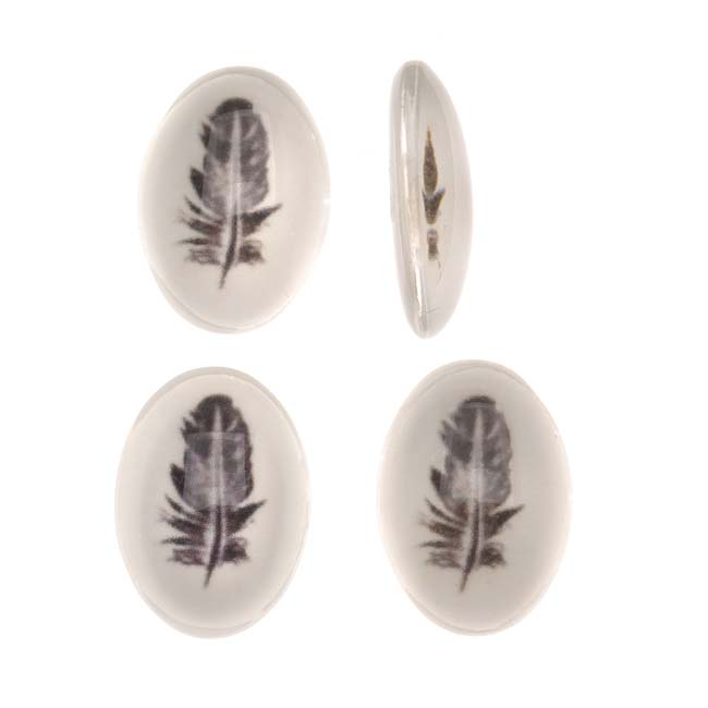 Tempered Glass Oval Cabochons Black Single Feather 13x18mm (4 pcs)