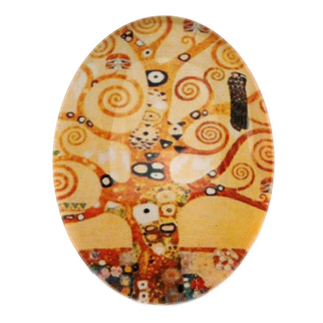 Tempered Glass Oval Cabochon Whimsical Tree Orange Tones 30x40mm (1 pcs)