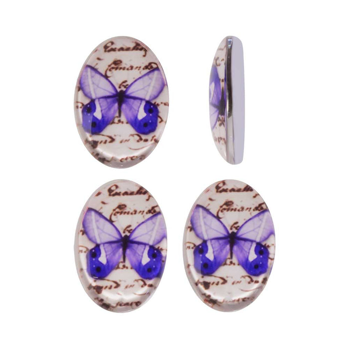 Tempered Glass Oval Cabochons Purple Butterfly 13x18mm (4 pcs)