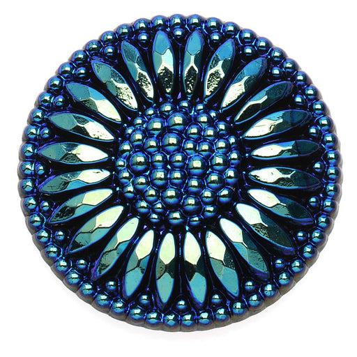 Czech Glass Flat Back Button Cabochon, Flower Burst 27.5mm Round, Iridescent Blue (1 Piece)