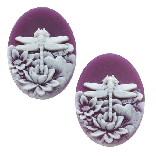Lucite Oval Cameo - Purple With White Dragonfly And Flowers 25x18mm (2 Pieces)