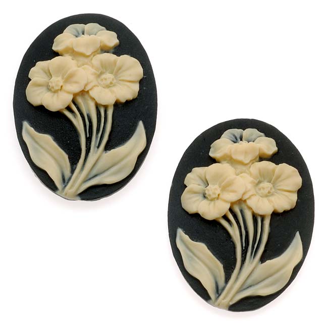 Vintage Style Lucite Cameo - Black With 3 Ivory Flowers 25x18mm (2 Pieces)