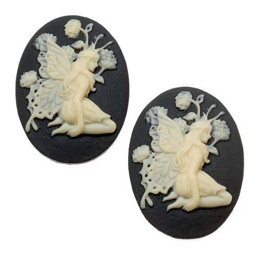 Lucite Oval Cameo - Black With Ivory Fairy And Flowers 25x18mm (2 Pieces)
