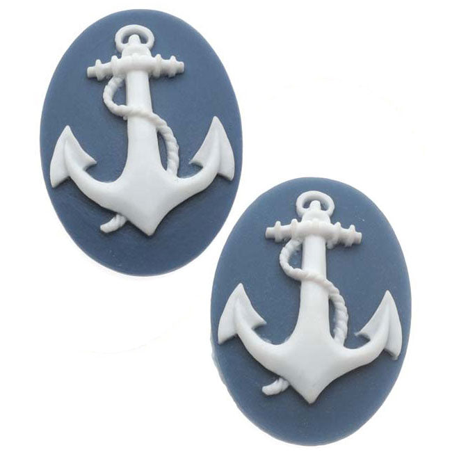Lucite Oval Cameo - Navy Blue With White Anchor 25x18mm (2 Pieces)