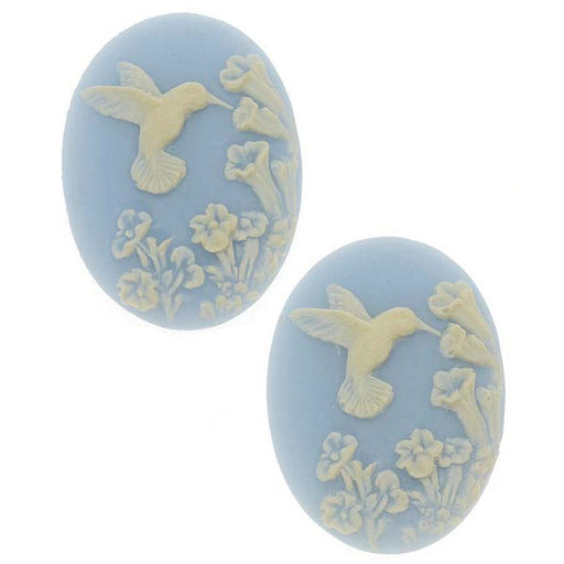 Vintage Style Lucite Oval Cameo Blue W/ Ivory Hummingbird And Flowers 25x18mm (1 Pair)