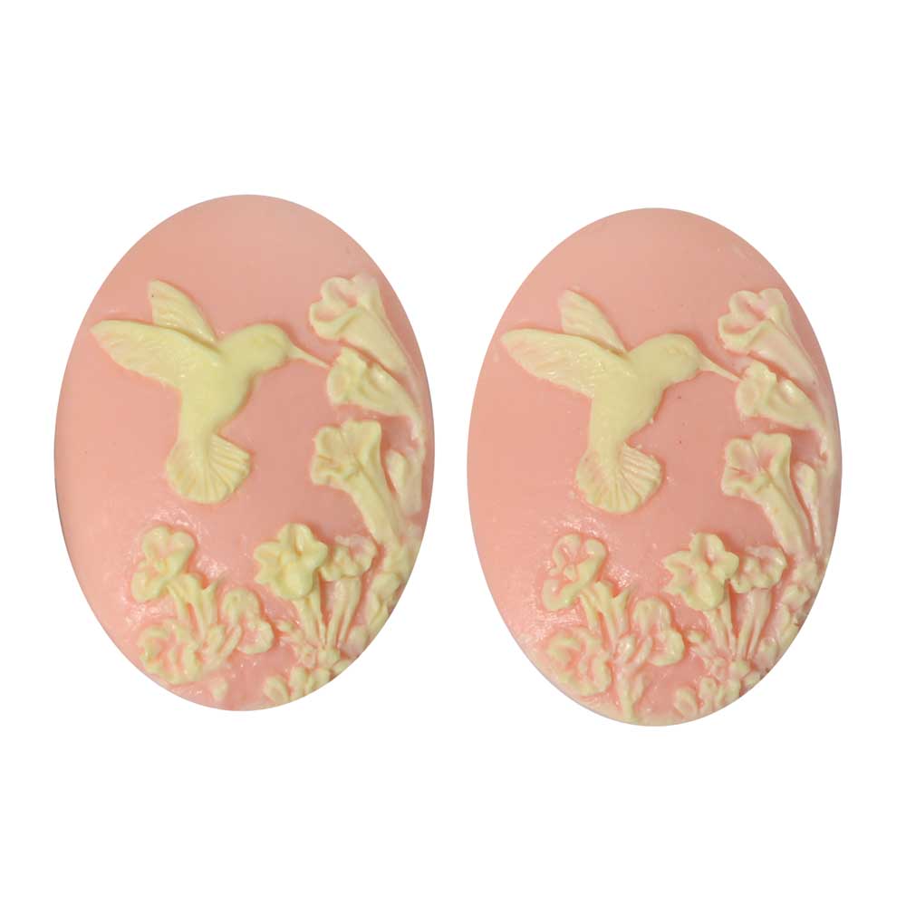 Vintage Style Lucite Oval Cameo Pink W/ Ivory Hummingbird And Flowers 25x18mm (1 Pair)