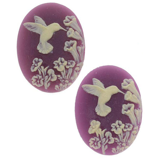 Vintage Style Lucite Oval Cameo Purple W/ Ivory Hummingbird And Flowers 25x18mm (2 Pieces)