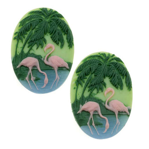 Lucite Oval Cameos - Green With Pink Flamingos And Palm Trees 25x18mm (2 pcs)