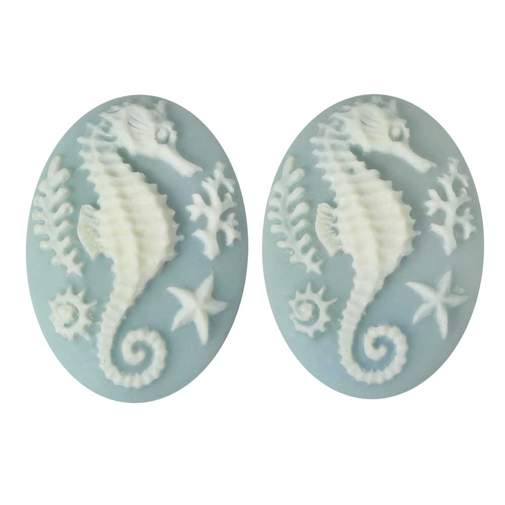 Vintage Style Lucite Oval Cameos Blue With White Sea Horse 25x18mm (2 pcs)