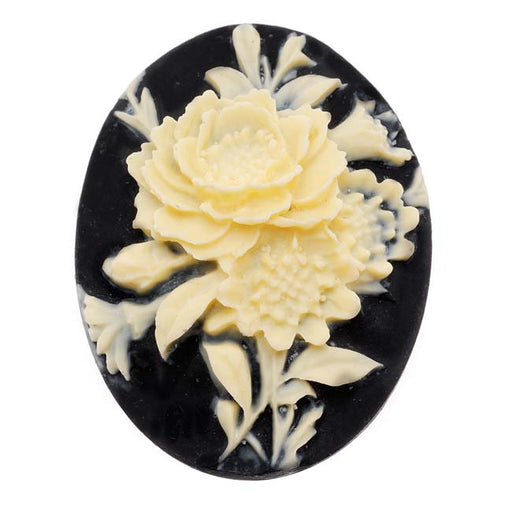 Vintage Style Lucite Oval Cameo Black With Ivory Flowers 40x30mm (1 pcs)