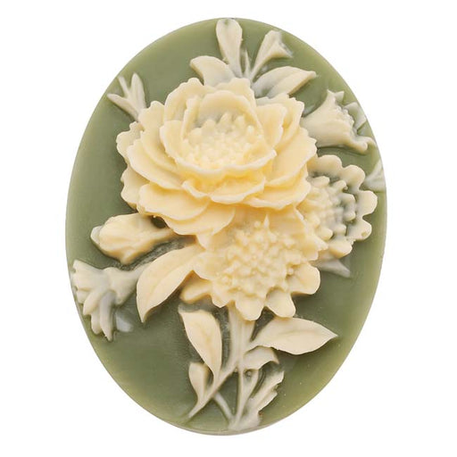 Vintage Style Lucite Oval Cameo Green With Ivory Flowers 40x30mm (1 Piece)