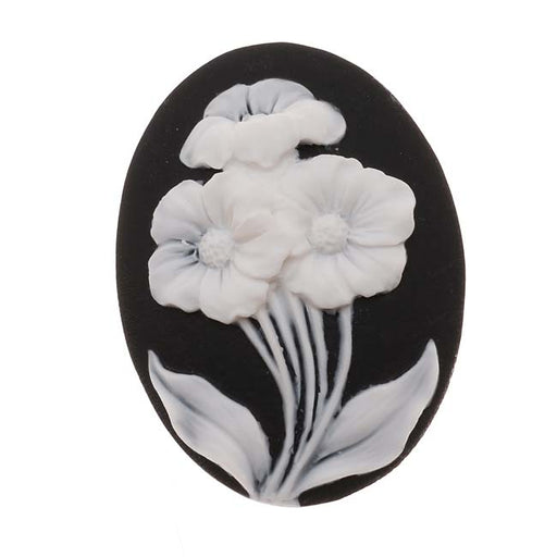 Vintage Style Lucite Oval Cameo Black With 3 White Flowers 40x30mm (1 Piece)
