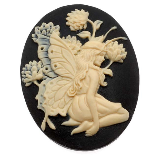 Lucite Oval Cameo - Black With Ivory Fairy And Flowers 40x30mm (1 Piece)