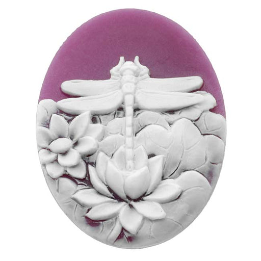 Lucite Oval Cameo - Purple With White Dragonfly And Flowers 40x30mm (1 Piece)