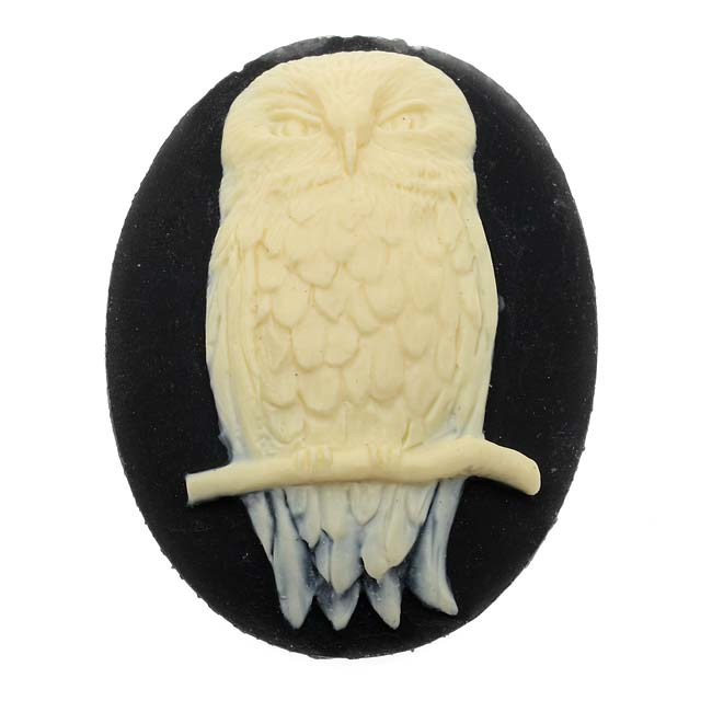 Vintage Style Lucite Oval Cameo Black With Ivory Perched Owl 40x30mm (1 pcs)
