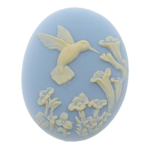 Vintage Style Lucite Oval Cameo Blue With Ivory Hummingbird And Flowers 40x30mm