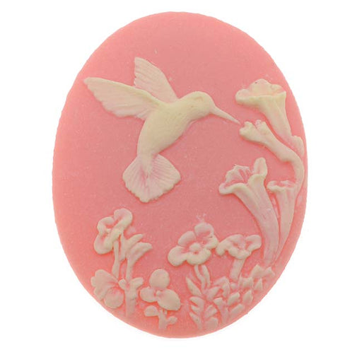 Vintage Style Lucite Oval Cameo Pink With Ivory Hummingbird And Flowers 40x30mm