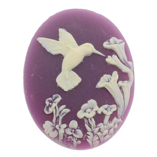 Vintage Style Lucite Oval Cameo Purple W/ Ivory Hummingbird And Flowers 40x30mm