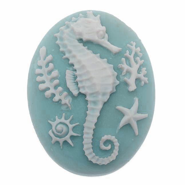 Vintage Style Lucite Oval Cameos Blue With White Sea Horse 40x30mm (1 pcs)